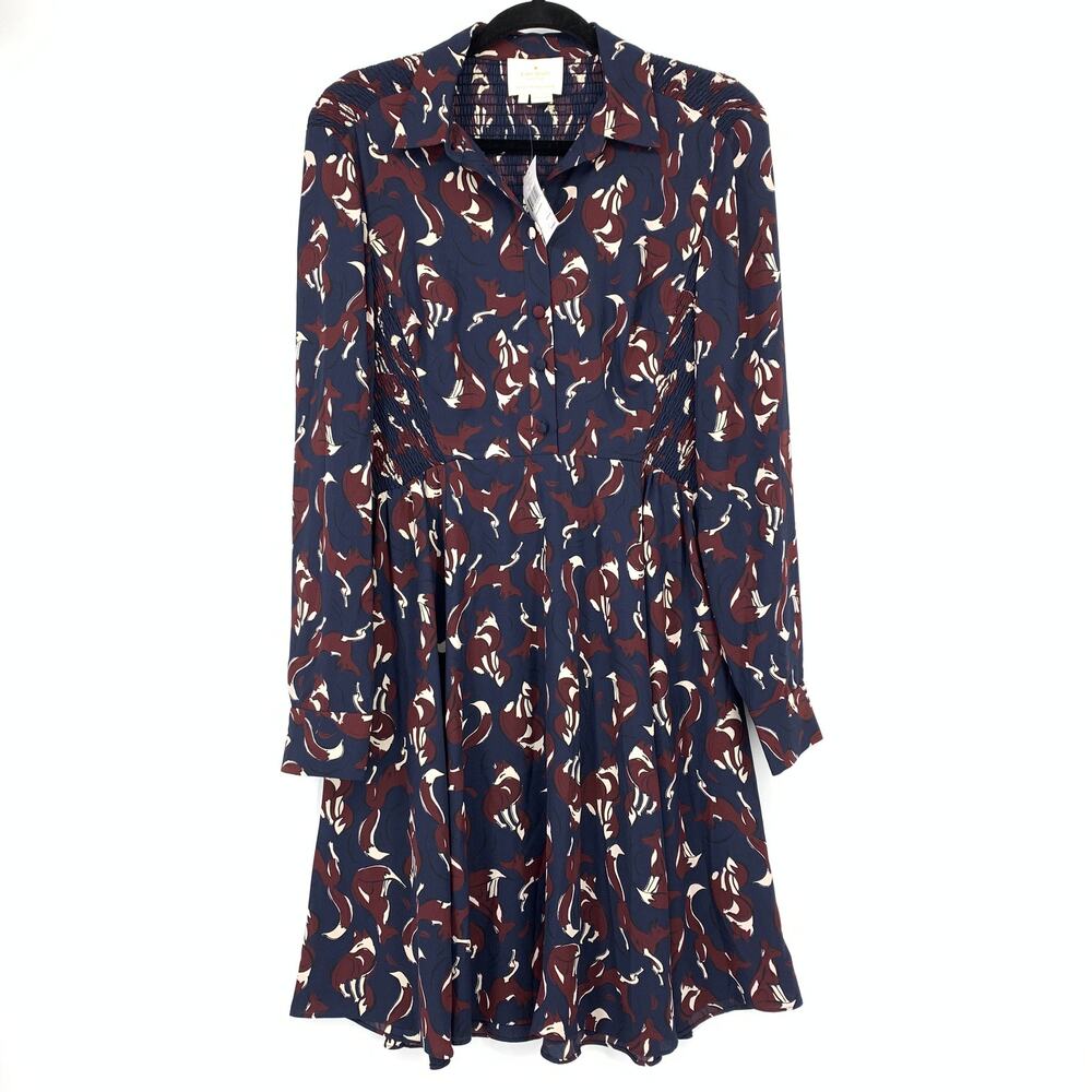 Kate Spade Foxes Smocked A-Line Dress Womens Size 6 Long Sleeve Navy Brown NEW
